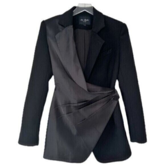 NWOT Nana Jacqueline Elora Blazer Black Gathered Satin Mini Dress Size M - Picture 3 of 13